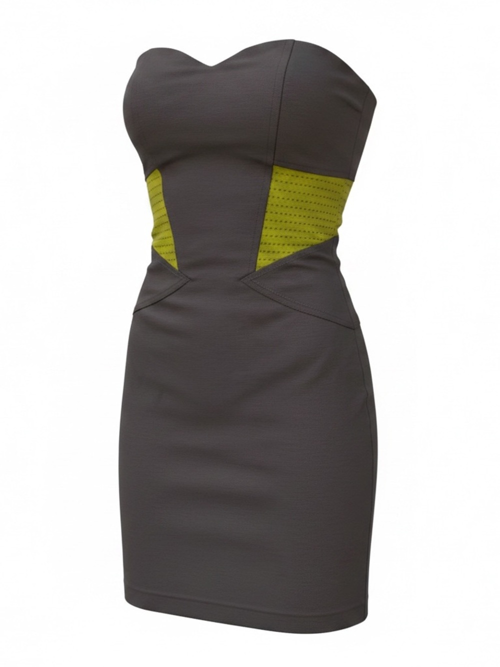 BCBG Strapless Gray Dress with Chartreuse Insets